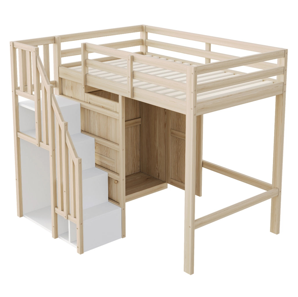 Letto a soppalco 90x200 cm in legno colore naturale con armadio e scala con spazio contenitivo