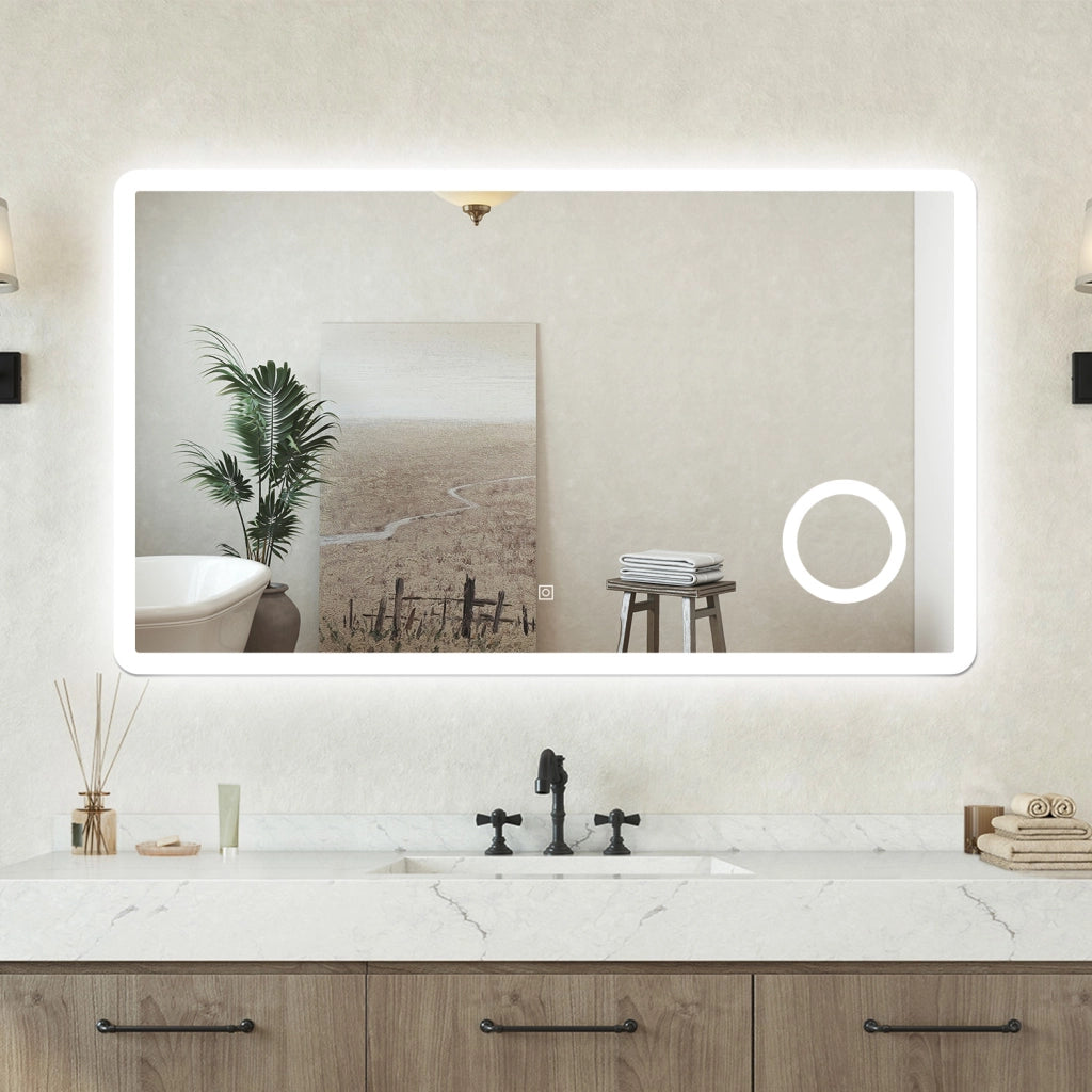 Specchio bagno Rettangolare 100x60cm Led Con 3 Luci + 3X Lente d'ingrandimento + Antiappannamento