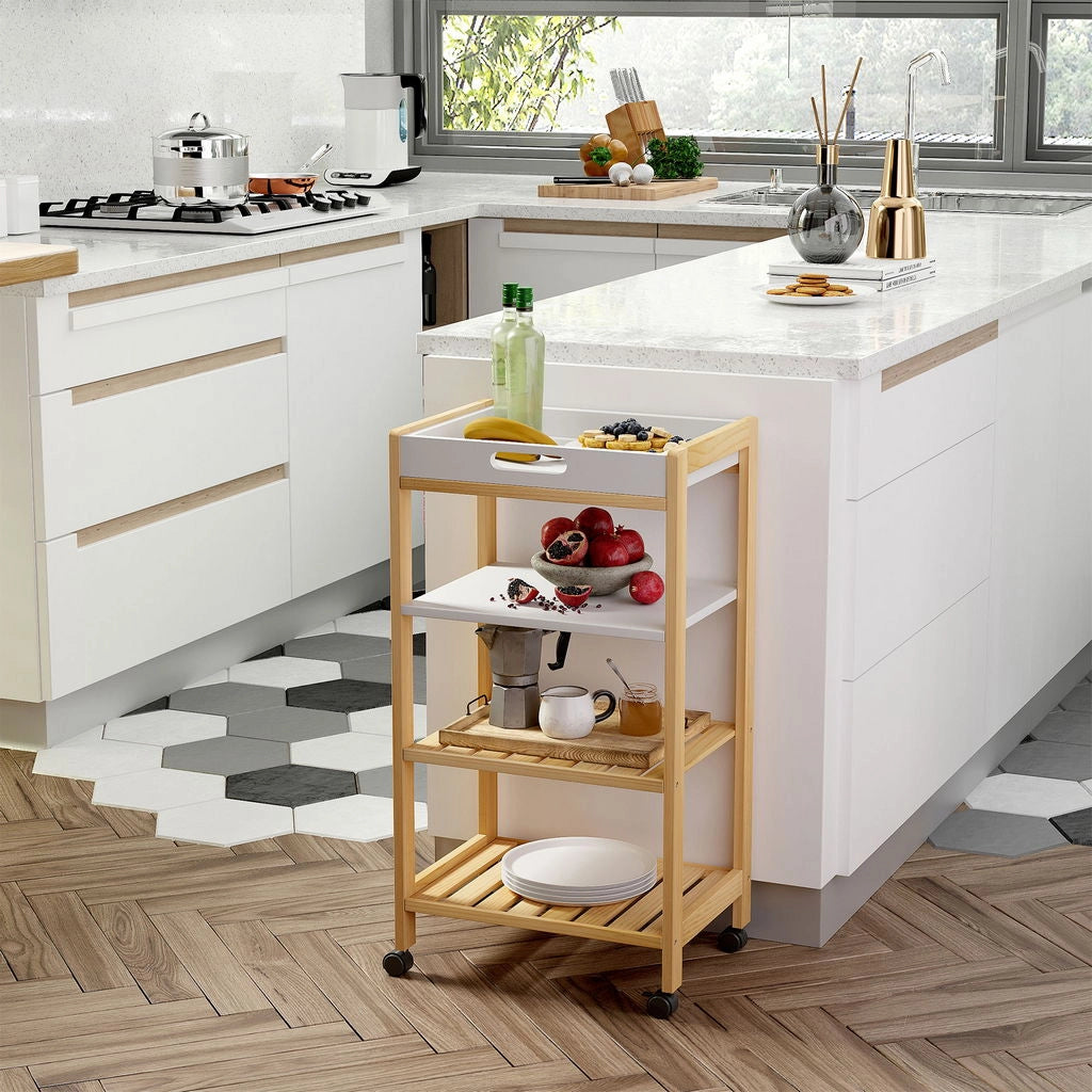 CARRELLO DA CUCINA A 4 LIVELLI LEGNO DI PINO 40X30X76 CM BIANCO E MARRONE