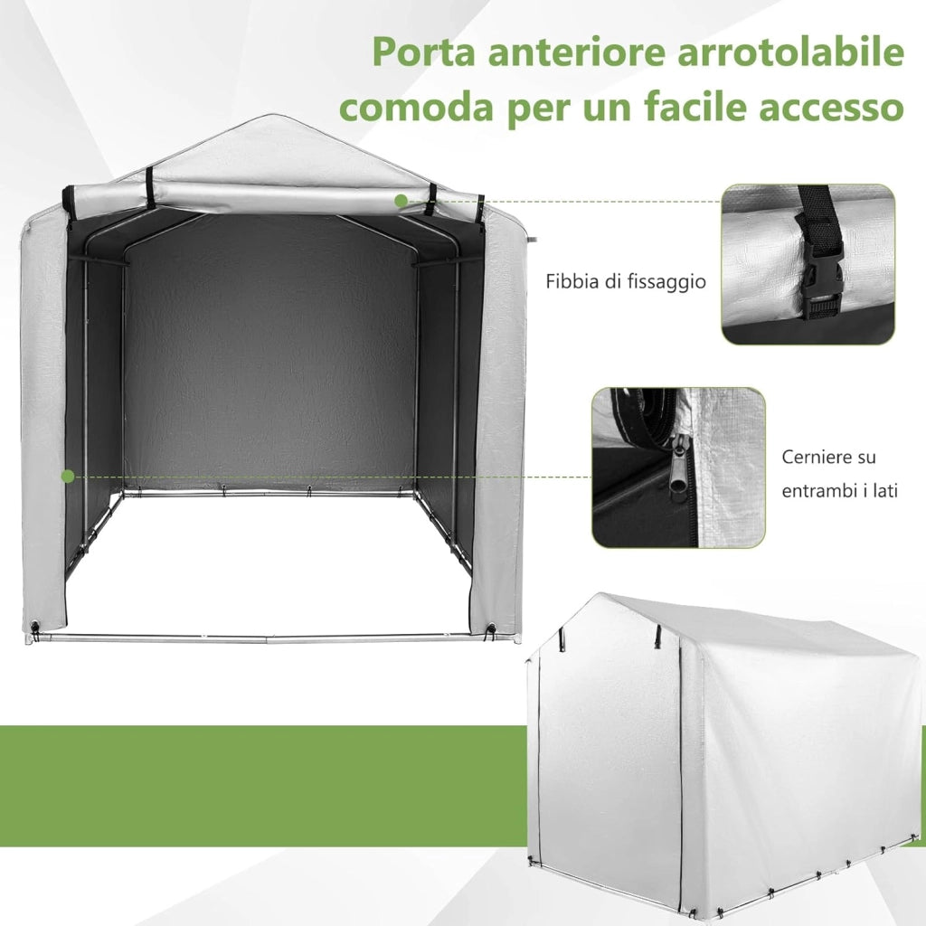 Capanno di Stoccaggio per Esterni, Garage Portatile per Biciclette, Motociclette, Attrezzi da Giardino, Carport per Bici con Porta a Rullo e Cerniera, 160 x 218 x 164 cm (Grigio Argento)