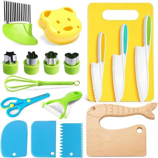 Set di accessori per la cucina Montessori 17 pezzi con babymes, taglierino e pelatrice - Frutta, Pane, Verdure