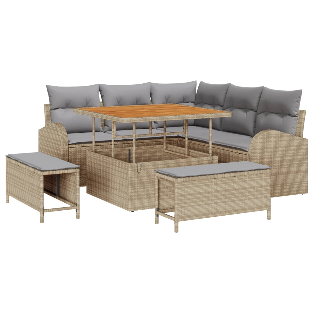 Set di divani da giardino 8 pezzi  con cuscini in polyrattan beige e acacia