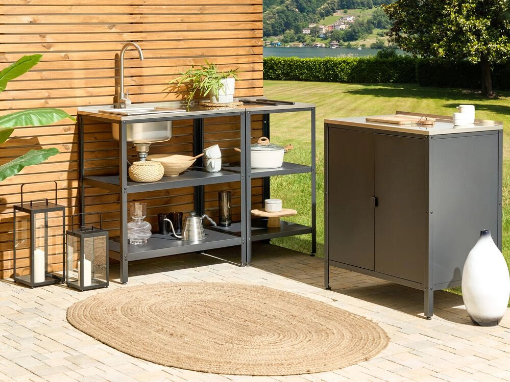 Mobile da giardino in acciaio con lavello a leva  con ripiani in acciaio inox nero 80x50x92 cm 2 ripiani con top Cucina da giardino da pranzo