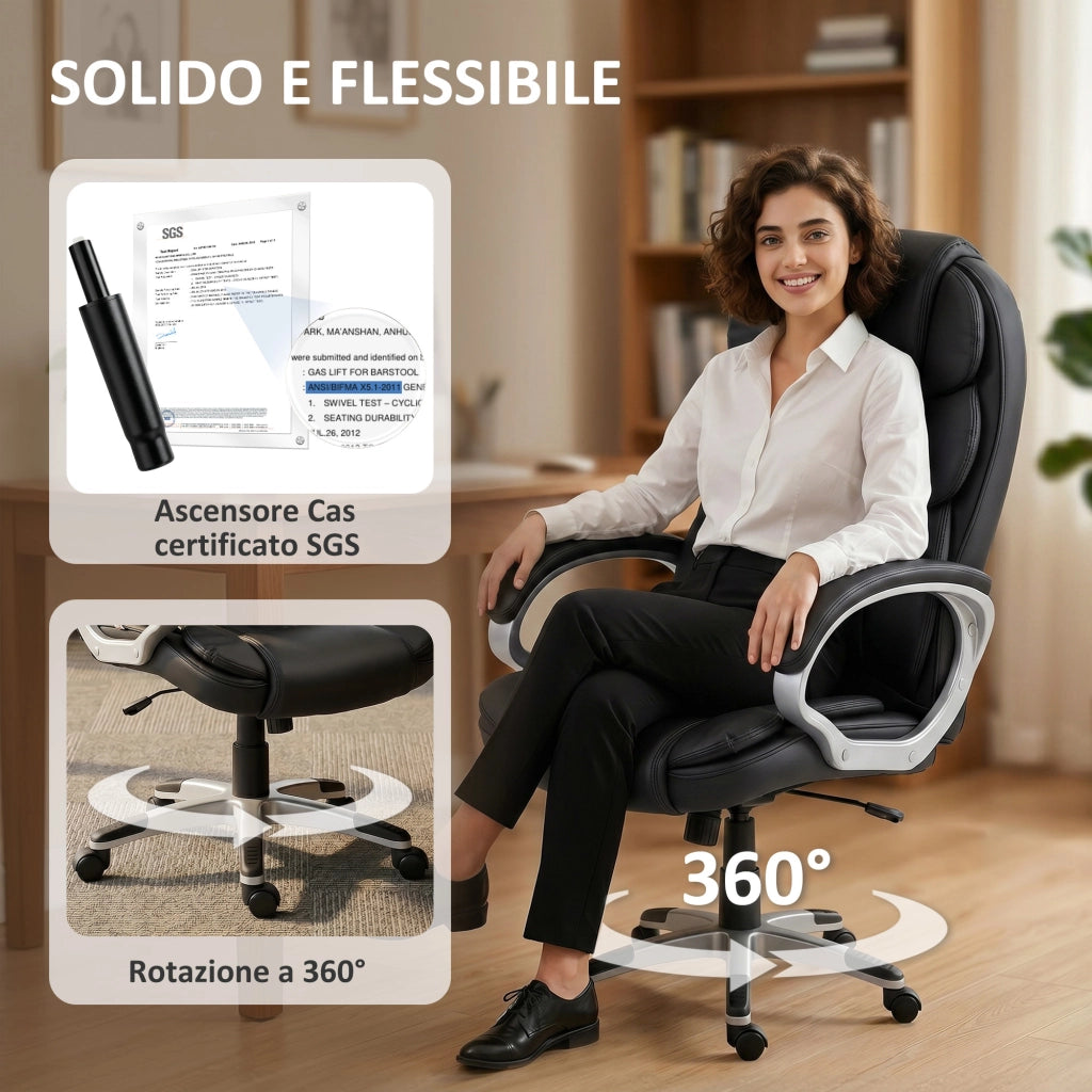 Sedia da Ufficio Ergonomica Girevole 66x72x112-122 cm con Dondolo in Pelle PU Nero