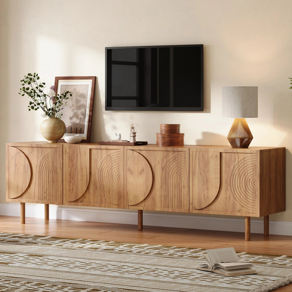 Mobile porta TV con 4 ante e 2 vani, passacavi, rilievo 3D, per soggiorno, in legno, naturale, 180 × 38 × 56,5 cm