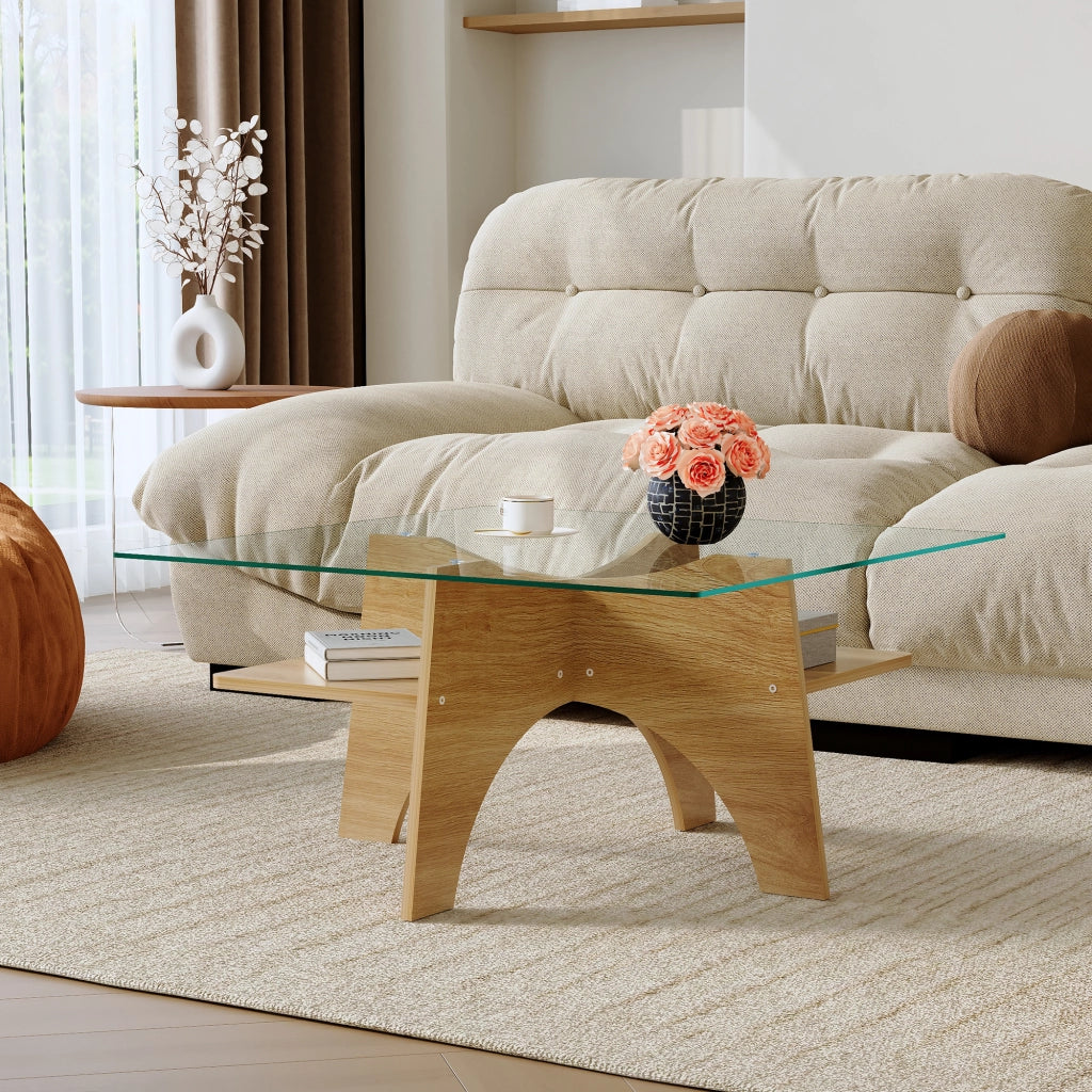 TAVOLINO Quadrato 80 cm Vetro temperato Trasparente e MDF Effetto legno chiaro