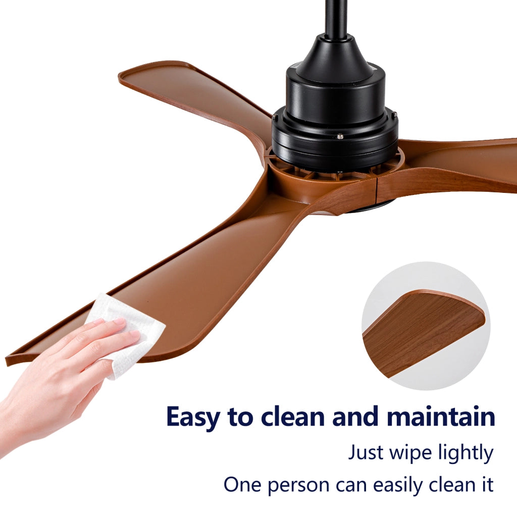Ventilatore da soffitto con luce e telecomando, motore dc silenzioso, alette in abs nero e noce scuro