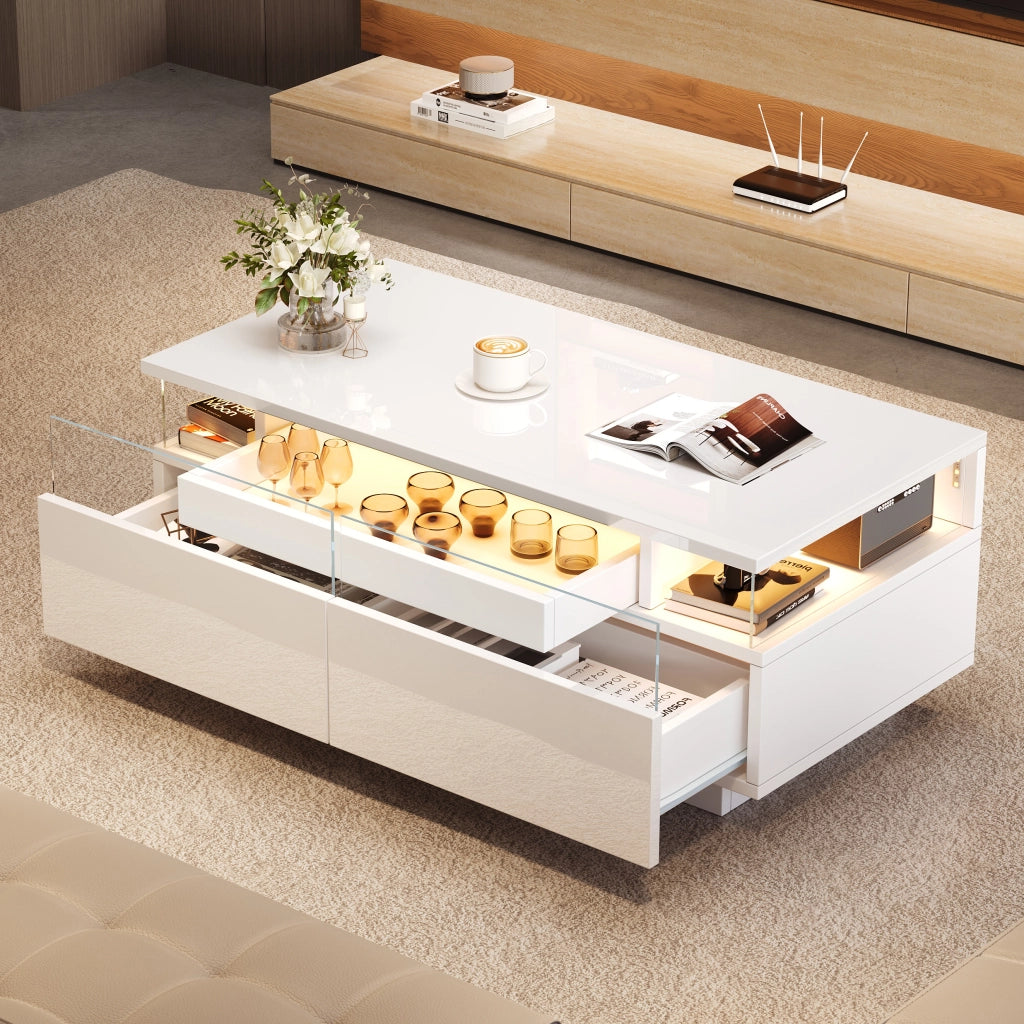 TAVOLINO DA SALOTTO 90x45x35,5 cm Bianco Lucido con 2 Cassetti e Vassoio