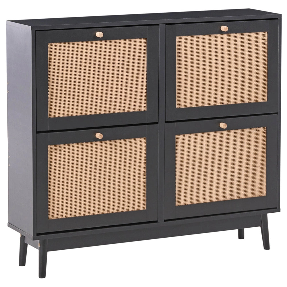 Armadietto porta scarpe in truciolato nero Rattan 4 scomparti Boho Design Hallway