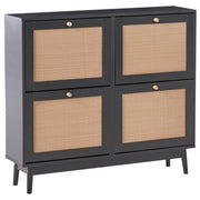 Armadietto porta scarpe in truciolato nero Rattan 4 scomparti Boho Design Hallway