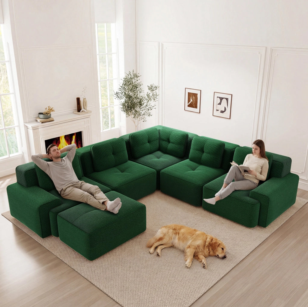 Divano angolare modulare in velluto a coste verde 295x295x69 cm con seduta profonda