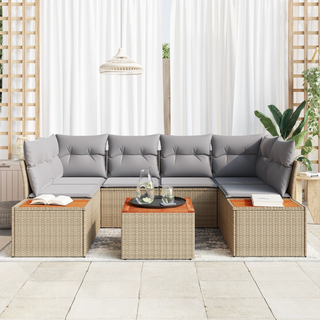 Set Divano da Giardino 6 Pezzi con Cuscini Beige Poly Rattan Acacia