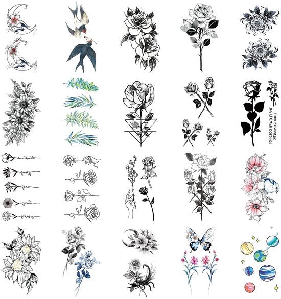 Tatuaggi temporanei acqua-resistenti - Sticker da tatuaggio - Disegno fiorale - Adatto per adulti - Dimensione per foglio 10,5x6cm - Tatuaggi da applicare