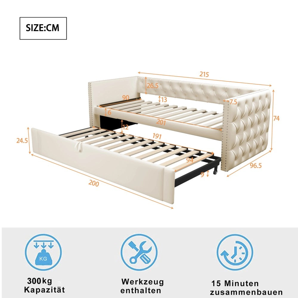 Letto Imbottito Estraibile con Rete a Doghe ¨C MINIMAL ¨C Velluto Beige 90x200