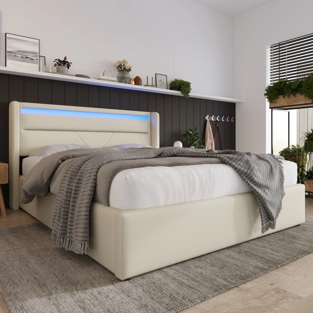 OKWISH Letto Contenitore 160×200 cm, Letto Matrimoniale con LED Regolabile e Sollevamento Idraulico, con Materasso, in PU, Bianco