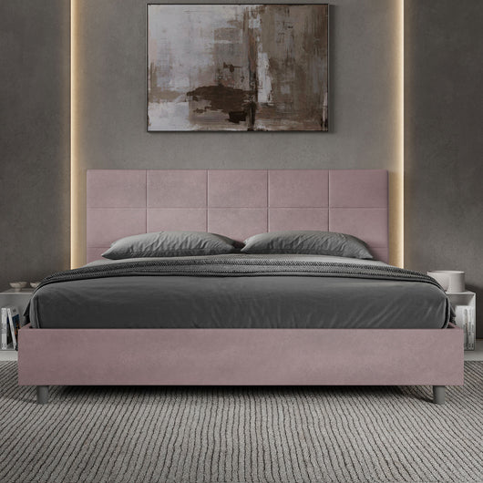 Letto Matrimoniale King Size 200x200 cm con Rete e Contenitore Imbottito in Microfibra Mika Glicine
