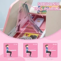 Set Scrivania e Sedia per Bambini da 3 Anni Regolabile, Tavolo Inclinabile a 60° con Cassetto e Ripiani, Rosa