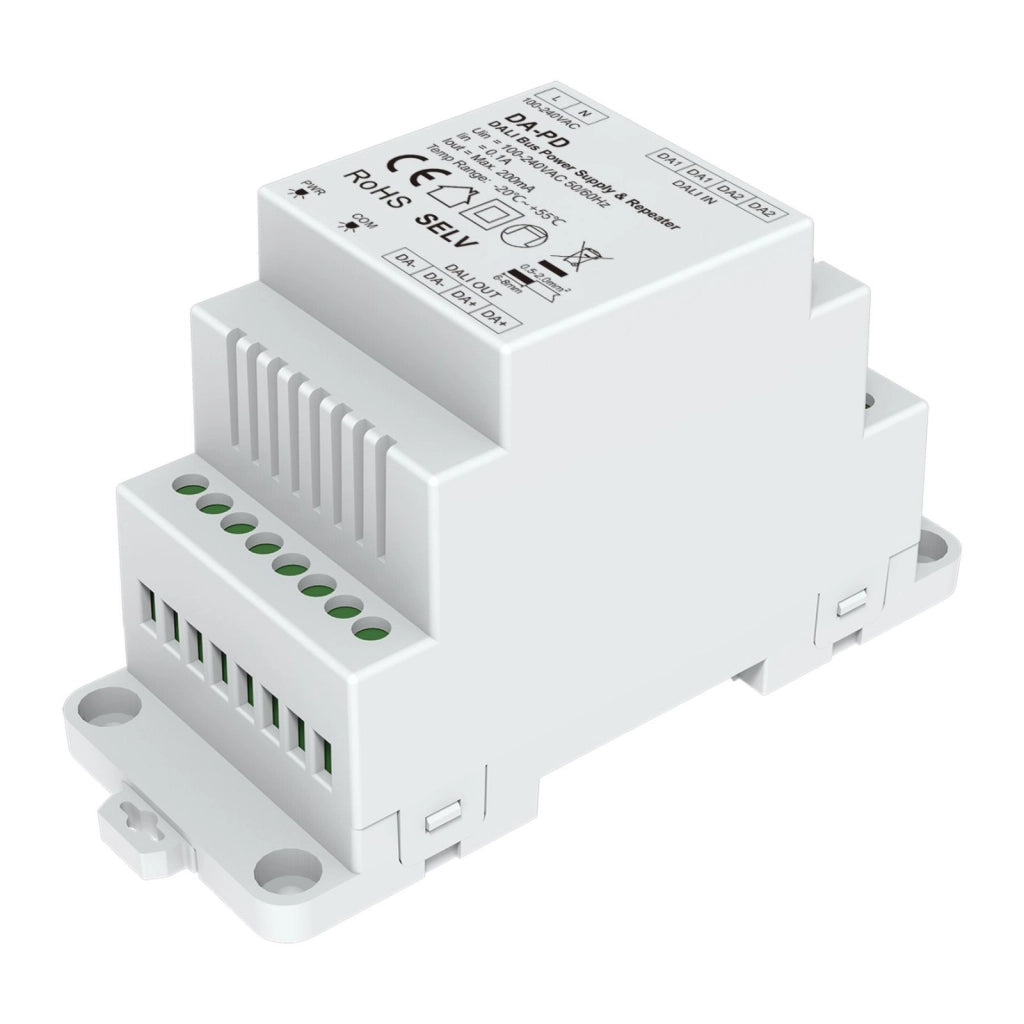 Alimentatore Bus DALI con Ripetitore Integrato, per Guida Barra DIN, AC220V, Uscita Max 200mA 16VDC, Estensione Linea fino a 1200 m, Protezione da Cortocircuito