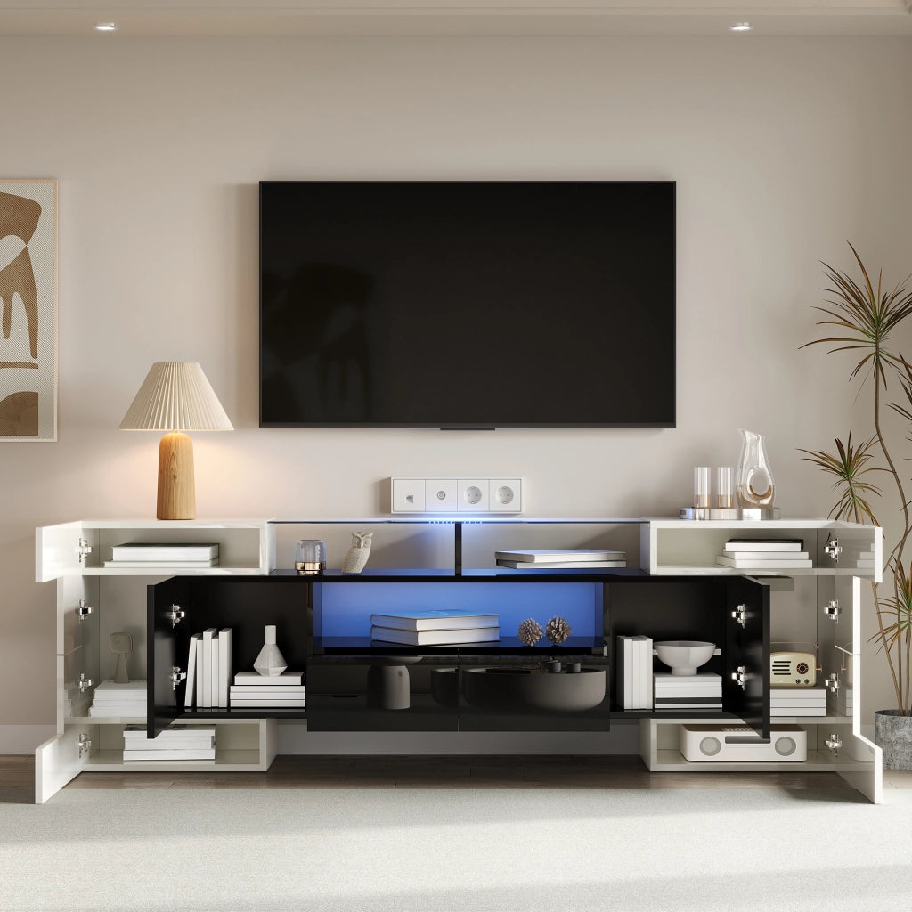 Mobile TV con 6 Ante; 2 Cassetti e LED; Bianco e Nero Lucido; 200¡Á35¡Á60 cm; in Pannello Truciolare
