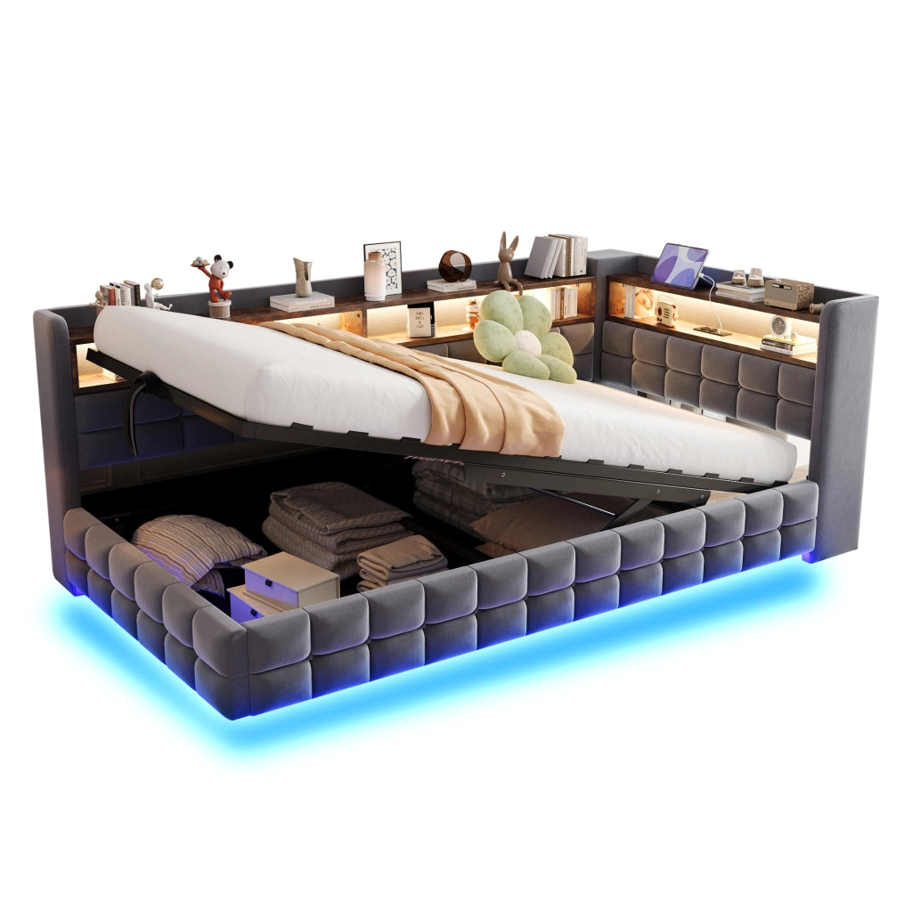 Letto imbottito singolo 90×200 cm con contenitore; LED; USB; tipo C; ripiani; senza materasso; grigio