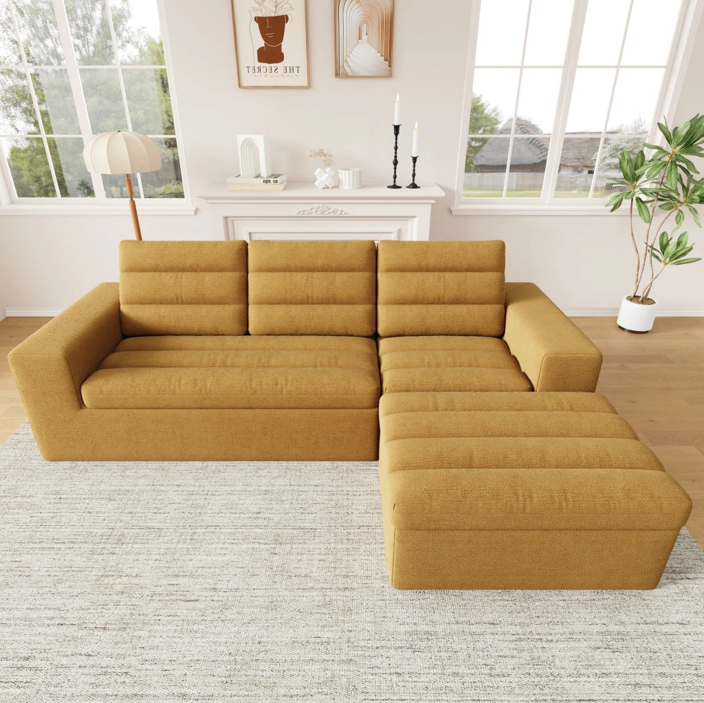 Divano Angolare Modulare a L in Chenille, 4 Posti con Pouf, 253x161x89 cm, Arancione