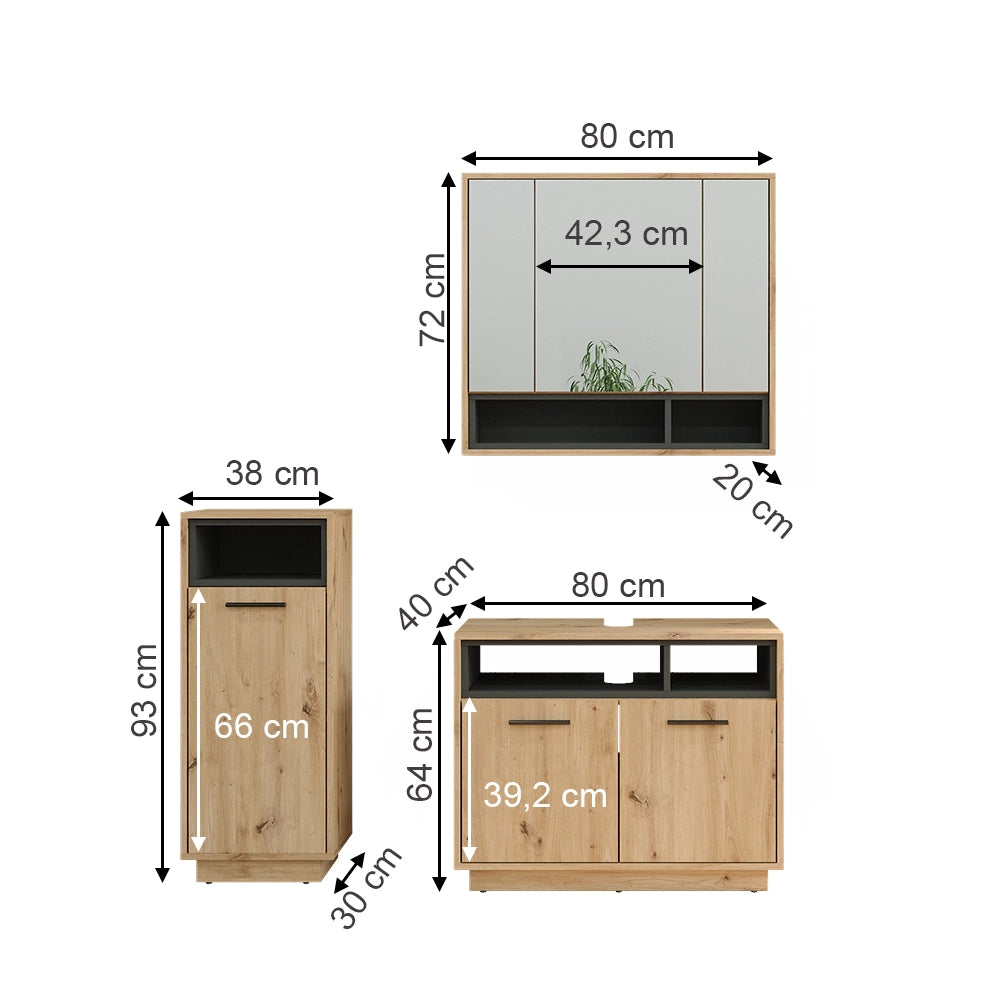 Vicco Set di mobili da bagno Rovere artigianale 3 parti