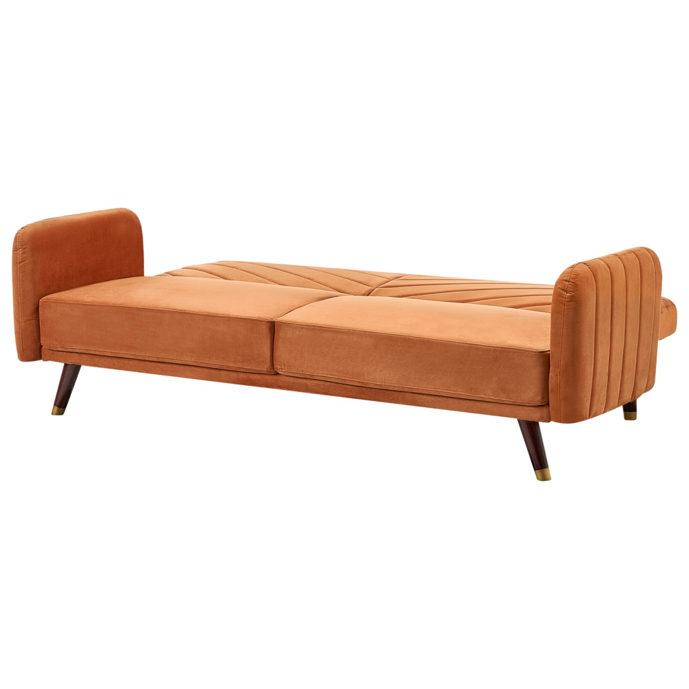 Divano Letto Tessuto Velluto Arancione Retro Soggiorno 3 Posti Gambe In Legno Bracci Pista