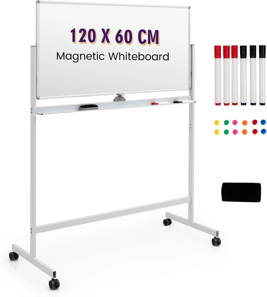 120 x 60 cm Lavagna Magnetica a Doppia Faccia con Ruote, Lavagna Bifacciale a Cavalletto con Altezza Regolabile a 360° con 6 Marcatori, 12 Magneti e 1 Gomma, 2 Colori