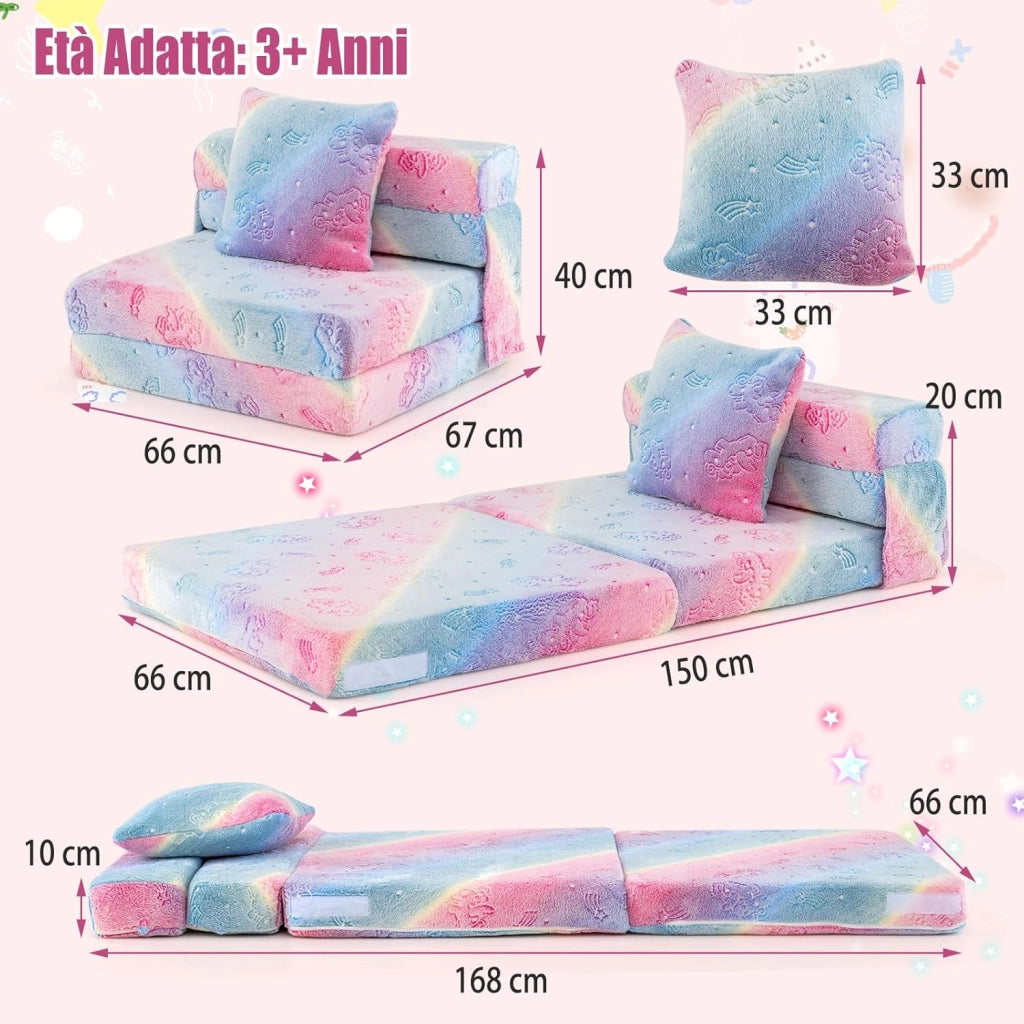 Divano Pieghevole per Bambini, Materasso in Schiuma da Pavimento Luminoso al Buio con Cuscino e Copertura Lavabile in Lavatrice, Letto per Bambina