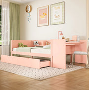 Letto 90x200 cm con scrivania; 2 cassetti e ripiani in pino e truciolare bianco/rosa
