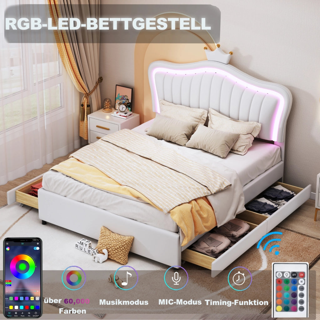 Letto per bambini imbottito 140×200 cm con 4 cassetti; LED e testiera a conchiglia; senza materasso; bianco