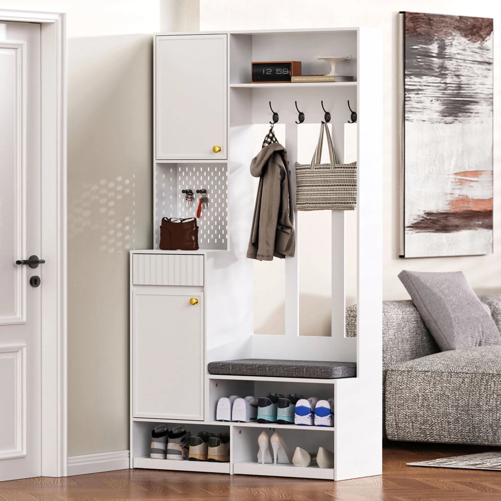 Set di mobili da ingresso con panca imbottita, 4 ganci, armadio e cassetti, MDF bianco