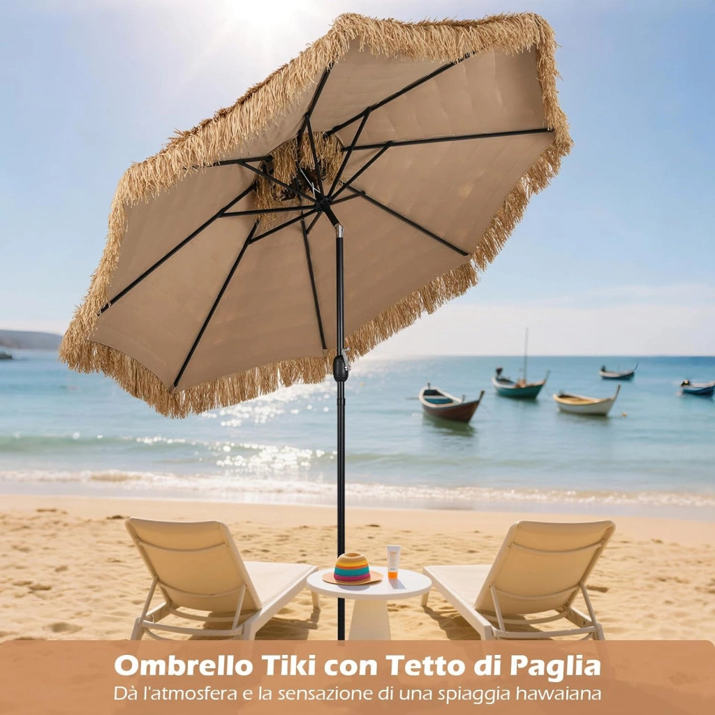Ombrellone da Spiaggia 300 cm, Ombrellone Hawaiano in Paglia PE con 8 Stecche, Manovella Manuale, Inclinazione Regolabile, Ombrellone Portatile per Spiaggia, Patio