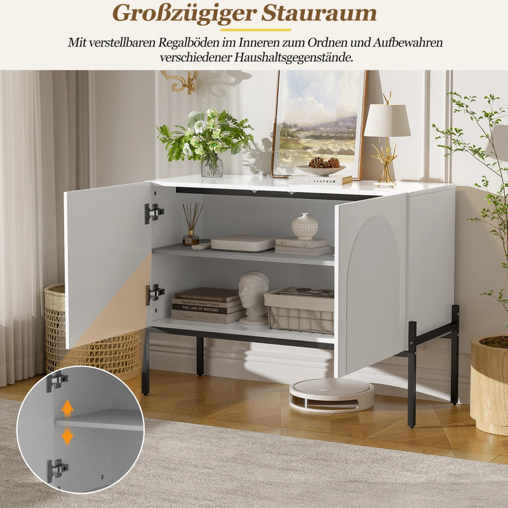 Credenza a 2 ante con gambe in metallo e design ad arco, per soggiorno e sala da pranzo, bianca, 100 × 40 × 75 cm