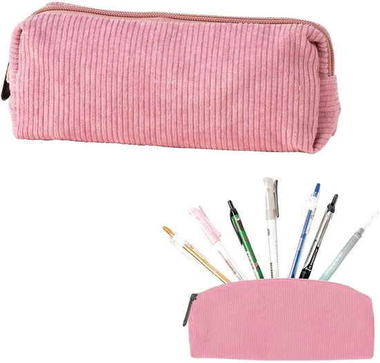 Etui Piccolo, Etui di Corduroy, Etui Ragazze Rosa con Cerniera per Scuola, Ufficio, Organizzatore Cosmetico
