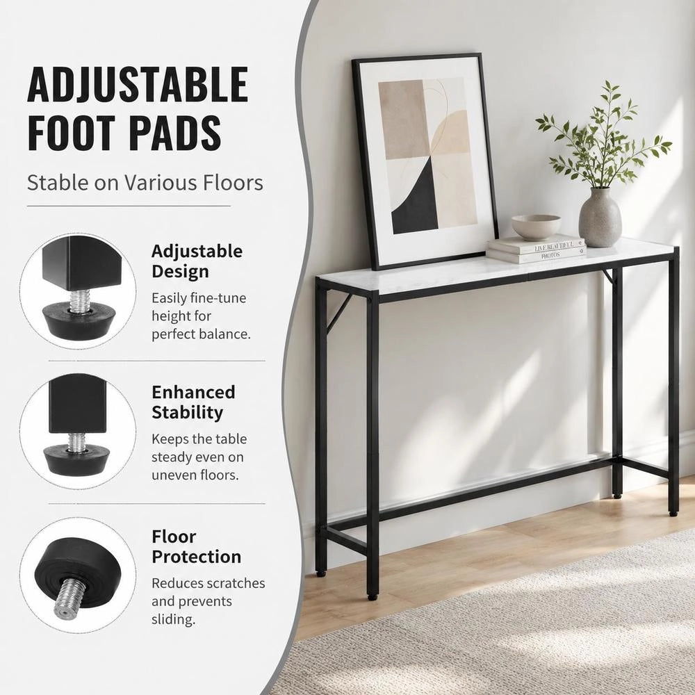Marble Console Table, Modern Long Hallway Table (110 Cm) With Power Outlet, Thin Sofa Side Table With Iron Pipes, Anti-tip Device & Triangular Support For Living Room, Hallway, Entrance Area
