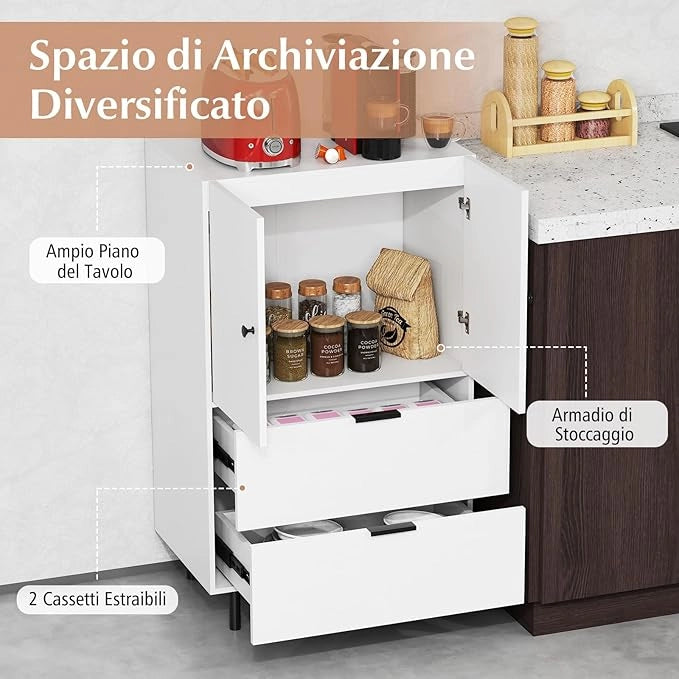 Credenza da Cucina, Armadio a 2 Ante con Cassetti e Mobile Contenitore, Mobile Cucina da Pavimento con Gambe in Metallo per Soggiorno e Appartamento, 60 x 41,5 x 102 cm (Bianco)