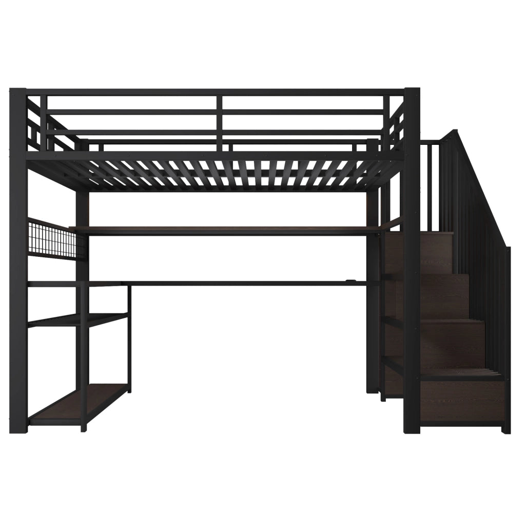 Letto a soppalco 140x200 cm con LED RGB, scrivania e armadio in metallo e MDF nero
