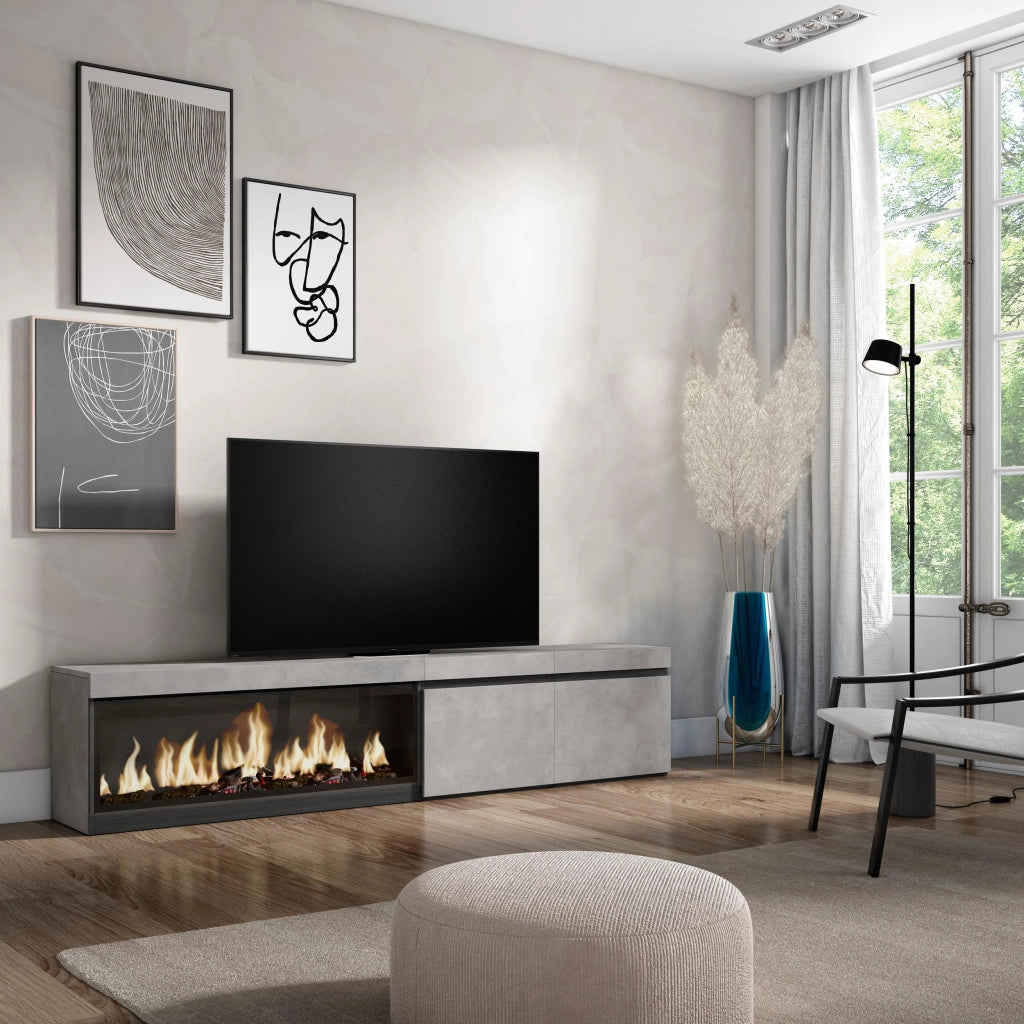 Mobile TV, Soggiorno, 208x35x45cm, Per TV fino a 80", Camino elettrico XXL, grigio cemento RF3204