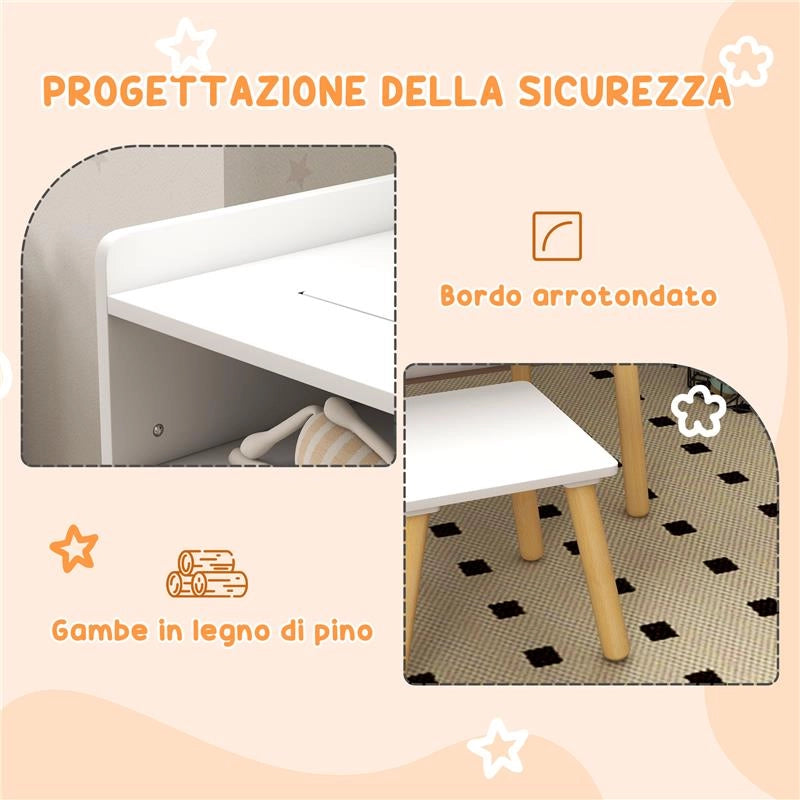 SET TAVOLINO PER BAMBINI CON SGABELLO, BANCHETTO CON PIANO REVERSIBILE E ROTOLO DI CARTA, BIANCO