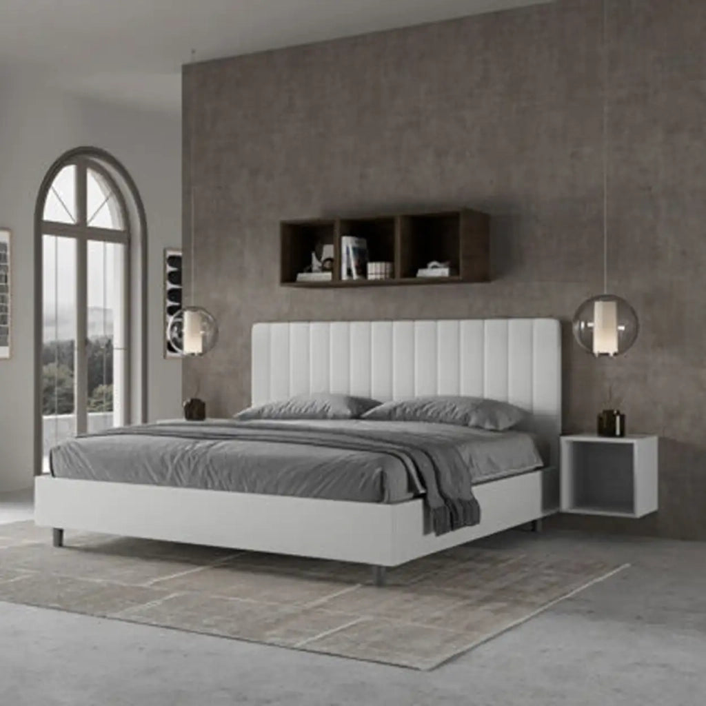 Letto matrimoniale king size con rete imbottito 180x210 similpelle bianco Agueda