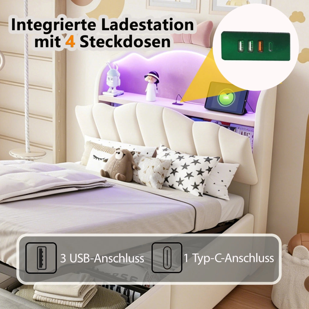 Letto per bambini 90 × 200 cm con contenitore idraulico, LED a colori, USB e USB-C, senza materasso, beige