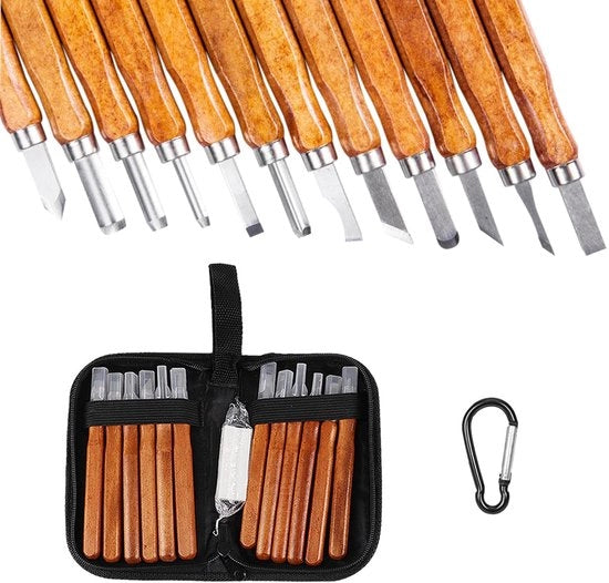 Set di coltelli in legno - 12 pezzi - Incluso cassetta di trasporto - Adatto per lavori di taglio di legno - Ideale per il taglio di frutta e verdura