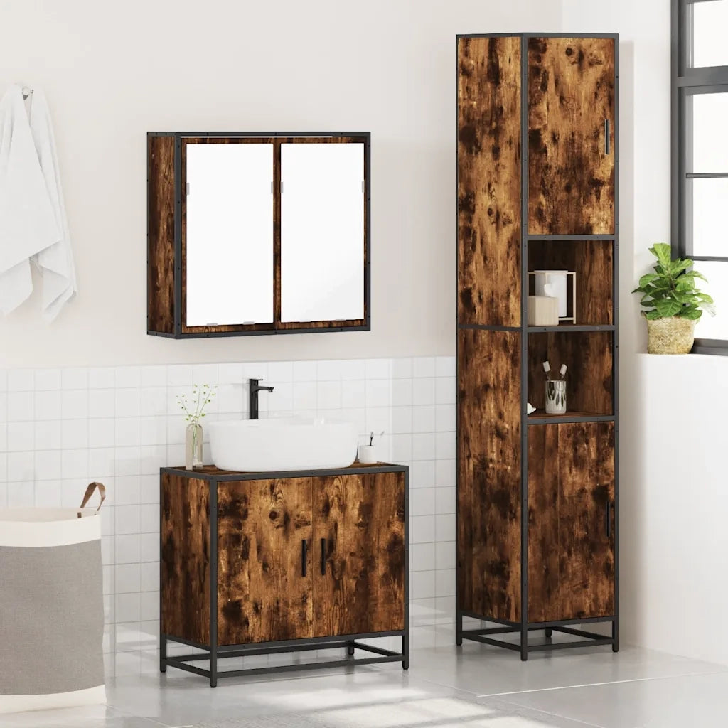 Set Mobili da Bagno 3 pz Rovere Fumo in Legno Multistrato 3301067
