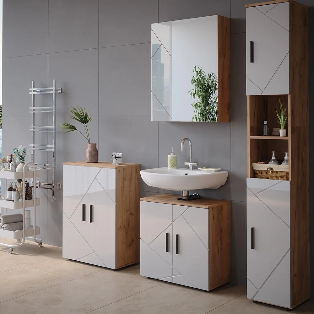 Mobile a specchio per il bagno Irma, Rovere Goldkraft/bianco lucido, 60 x 75 cm