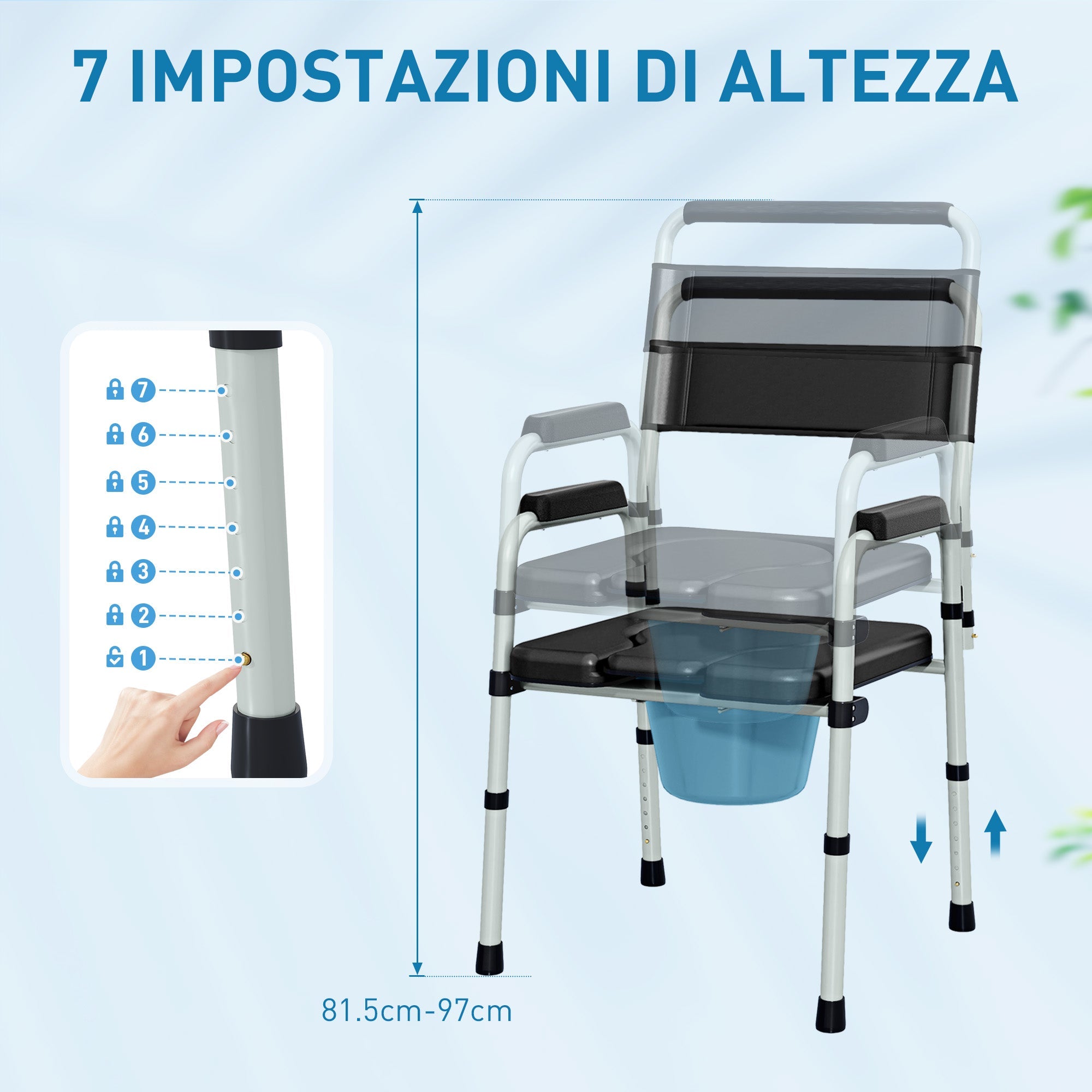 Sedia WC per Anziani e Disabili 52,5x46x81,5-97 cm Pieghevole e Regolabile in Acciaio e Pelle PU Nero