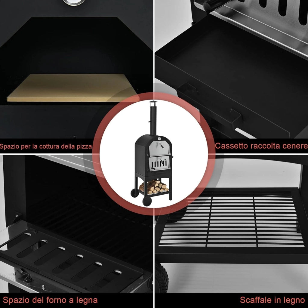 Forno per Pizza Portatile da Esterno, Rivestimento Impermeabile e Pala per Pizza, Forno Riscaldato a Legna con Piastra per Pizza, Fornello da Campeggio per Pizza, Nero