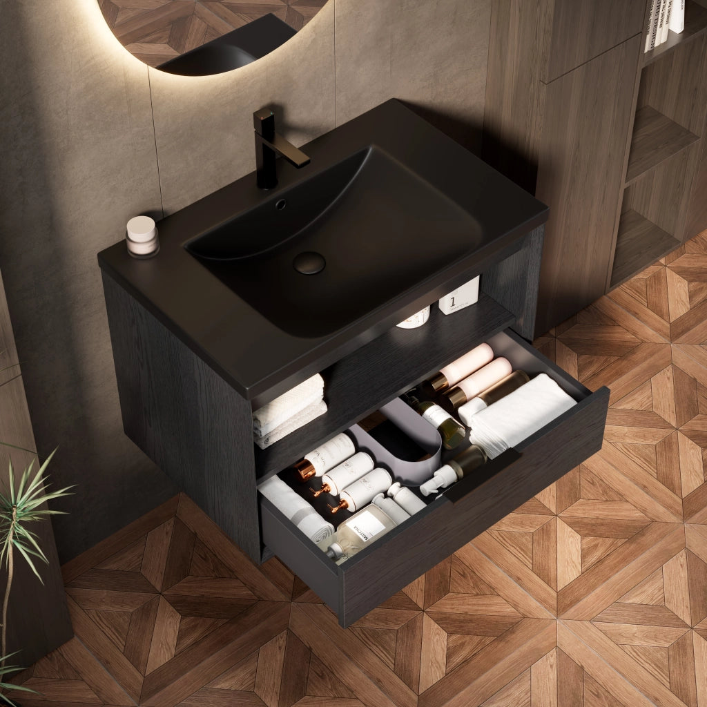 Mobile sottolavabo con lavabo integrato in ceramica, 1 cassetto e 1 vano aperto, per bagno, nero rovere scuro
