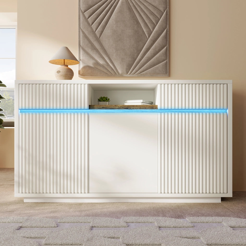 Credenza con LED 2 cassetti 3 ante e ripiani regolabili per soggiorno e ingresso bianca moderna 140 × 40 × 85 cm