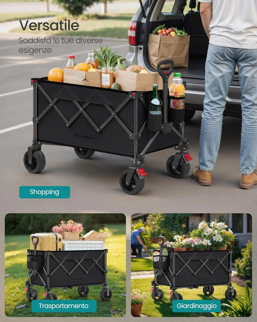 SONGMICS Carrello da Campeggio Pieghevole, Carretto, 150 L, Portante 150 kg, Carrello da Giardino, con Manico, 4 Ruote Rimovibili, Salvaspazio, per Esterni, Giardino, Nero Inchiostro GFW115B01